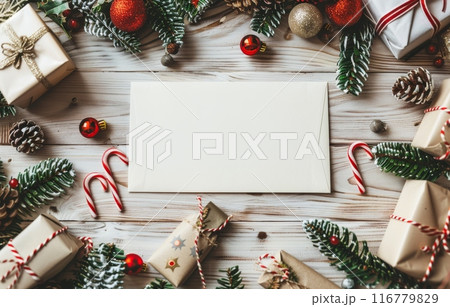 Blank letter surrounded by Christmas decorations, gifts, and candy canes on a wooden table 116779829