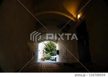 A dark arched passage with a light at the end A dark arched passage with a light at the end 116780034