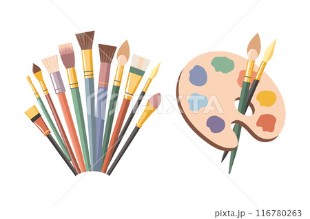 Palette with paints of different colors and a set of brushes. Art supplies, accessories for creativity and hobbies. Poster, illustration 116780263