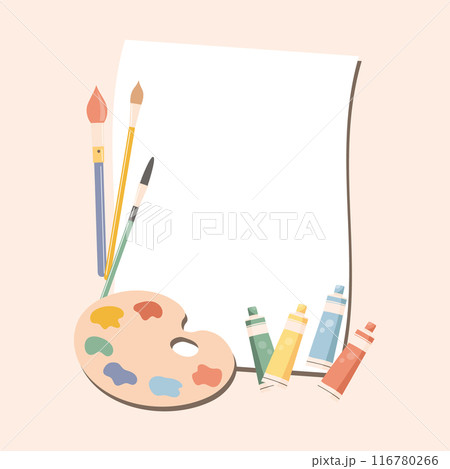 Blank canvas, oil paint in tubes, brushes, painting tools. Art supplies, accessories for creativity and hobbies. Poster, illustration 116780266