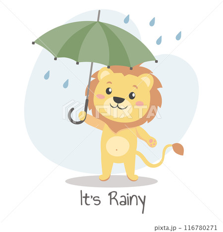 Cute cheerful baby lion with an umbrella in the rain. Autumn children's illustration, print, card 116780271