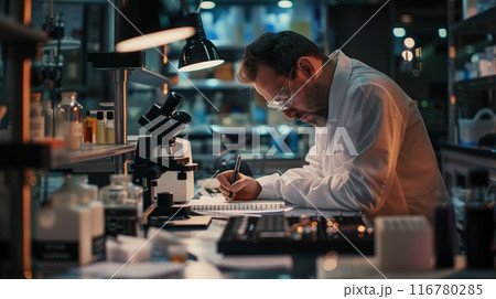 In a modern research laboratory, a scientist is carefully recording detailed observations 116780285