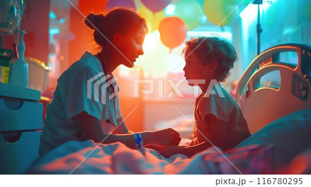A compassionate nurse provides comfort to a child in a hospital room during a colorful sunset 116780295