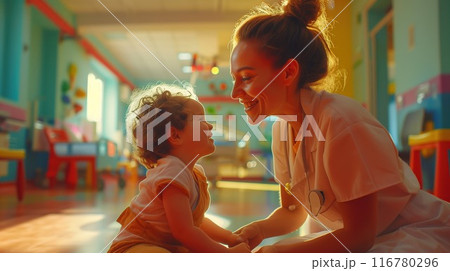 A nurse and a child create a strong bond in the hospital playroom, sharing happiness and joy 116780296
