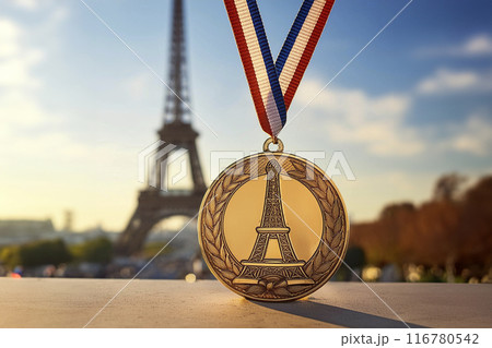 Gold medal with ribbon isolated on transparent white. Eiffel Tower background. 2024 Olympic Games in Paris, France. Gold medal with ribbon isolated on transparent white. Eiffel Tower background. 2024 Olympic Games in Paris, France. 116780542