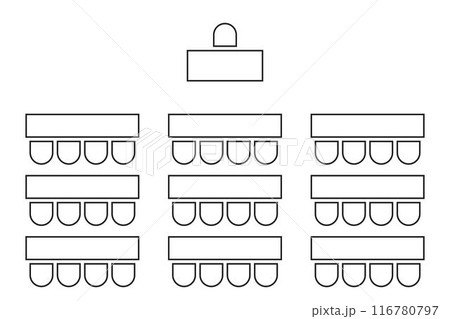 Auditorium seatings plan. Classroom seats arrangment. Schema of furniture in lectorium, meeting or conference, training or seminar business event. Desks and chairs icons top view. Vector illustration Auditorium seatings plan. Classroom seats arrangment. Schema of furniture in lectorium, meeting or conference, training or seminar business event. Desks and chairs icons top view. Vector illustration 116780797