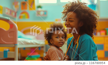 Pediatrician and child showing care in colorful clinic, highlighting vibrant healthcare environment 116780954