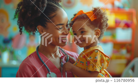 A pediatric doctor in a playful clinic, smiling with a child, showing care and compassion 116780956