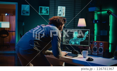 Man jumping out of chair from shock after being greeted by sentient AI gaining superintelligence, bowing down to it. Programmer doing worshiping reverence in front of artificial intelligence, camera B Man jumping out of chair from shock after being greeted by sentient AI gaining superintelligence, bowing down to it. Programmer doing worshiping reverence in front of artificial intelligence, camera B 116781367