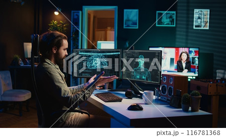 Self aware AI gaining anthropomorphic form inside cyberspace, waving hand, saluting programmer. Artificial intelligence becoming sentient, greeting computer scientist, camera B Self aware AI gaining anthropomorphic form inside cyberspace, waving hand, saluting programmer. Artificial intelligence becoming sentient, greeting computer scientist, camera B 116781368