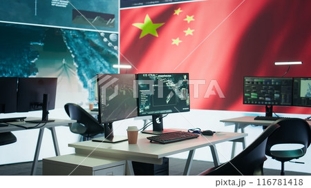 Empty monitoring room equipped with the chinese flag on big screen using surveillance satellite systems to spread fake news about communism. Work on propaganda and terrorism. Camera B. Empty monitoring room equipped with the chinese flag on big screen using surveillance satellite systems to spread fake news about communism. Work on propaganda and terrorism. Camera B. 116781418
