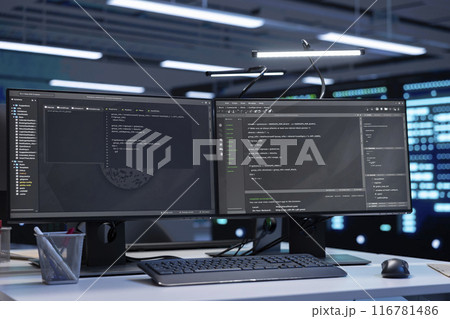 Infrastructure in data center delivering immense computing power, capable of processing and storing vast amounts of data. Close up of computers and server racks rows controlling network resources 116781486