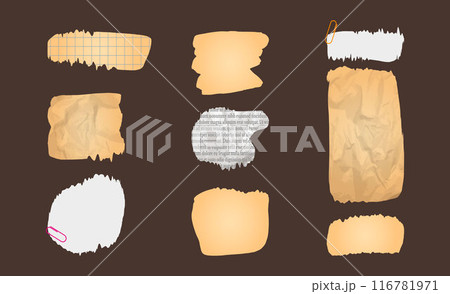 Paper and Elements scrapbooking Old torn crumpled. Different textures patterns ragged edges imitation of newspaper scraps. Old and crumpled scraps. Vector illustration. 116781971
