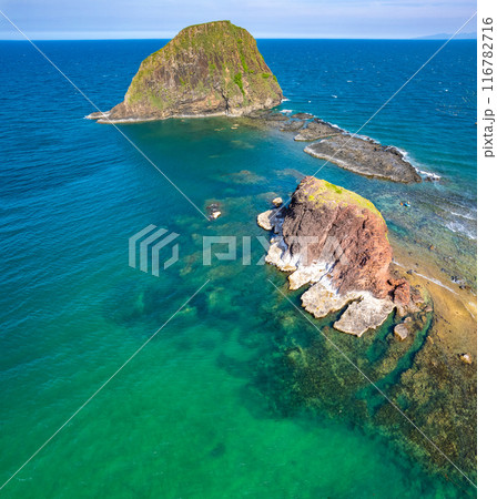 Aerial view of Hon yen island and fishing boat, in Phu Yen, Vietnam Aerial view of Hon yen island and fishing boat, in Phu Yen, Vietnam 116782716