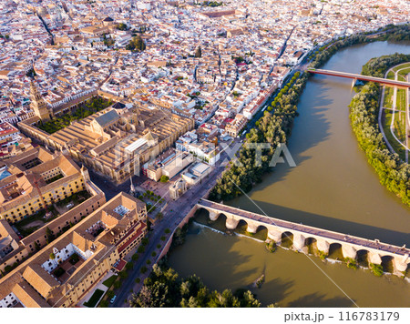 Roman Bridge over the Guadalquivir from aerial view with Mosque-Cathedral Roman Bridge over the Guadalquivir from aerial view with Mosque-Cathedral 116783179