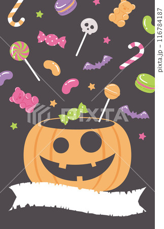 ポップなハロウィンのかぼちゃとキャンディーの背景イラスト 116784187