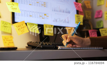 Close-up of hand of woman taking notes while working late at night, walls covered in sticky notes. Selective focus Close-up of hand of woman taking notes while working late at night, walls covered in sticky notes. Selective focus 116784894