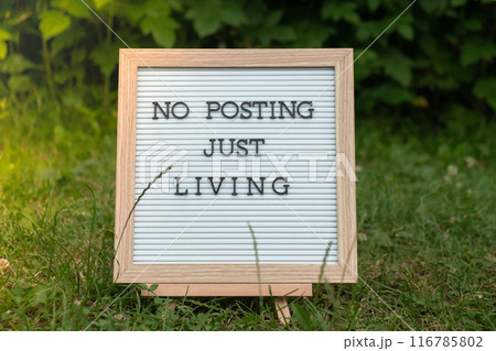 NO POSTING JUST LIVING text on letter board on background of greenery garden. Concept of social media technology detox. Farmcore nature core slow life NO POSTING JUST LIVING text on letter board on background of greenery garden. Concept of social media technology detox. Farmcore nature core slow life 116785802