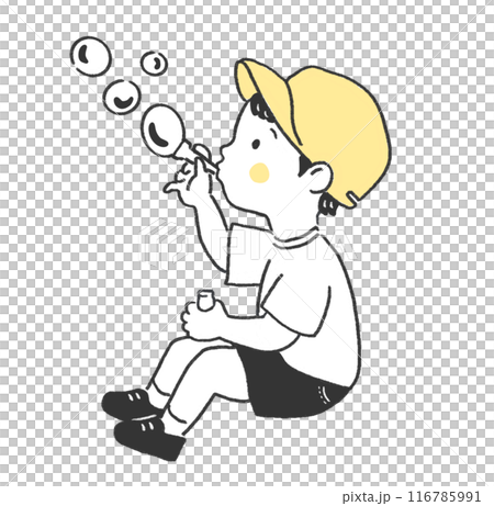 Monochrome line drawing of a boy blowing bubbles Monochrome line drawing of a boy blowing bubbles 116785991