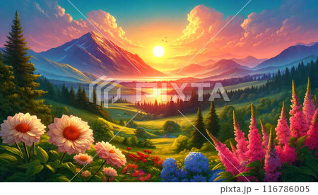 壮大な山脈と湖を背景にした美しい自然風景のイラストのイラスト素材