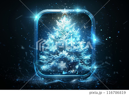 Beautiful white Christmas tree decorated with snowflakes and a star on a blue glowing background Beautiful white Christmas tree decorated with snowflakes and a star on a blue glowing background 116786819