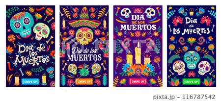 Day of the dead Mexican holiday posters, dia de los Muertos celebration flyers. Vibrant vector cards with colorful alebrije sugar skulls, marigolds and traditional symbols of Mexico honor the deceased 116787542