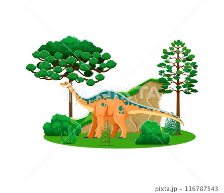 Apatosaurus, prehistoric dinosaur character. Isolated cartoon vector colorful dino animal reptile with long neck and tail, standing in a lush forest landscape with vibrant trees, bushes and rocks 116787543