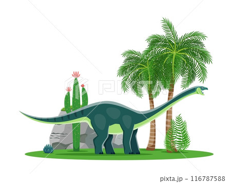 Amygdalodon cartoon prehistoric dinosaur character. Isolated vector colorful dino with green skin, long neck and tail standing at natural Jurassic era habitat landscape with cacti and palm trees Amygdalodon cartoon prehistoric dinosaur character. Isolated vector colorful dino with green skin, long neck and tail standing at natural Jurassic era habitat landscape with cacti and palm trees 116787588