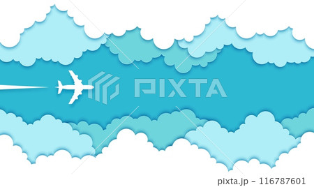 Top view paper cut plane in sky clouds. 3d vector stylized background with layered papercut effect of fluffy white clouds frame with bright blue sky and plane soaring high above, leaving a contrail 116787601