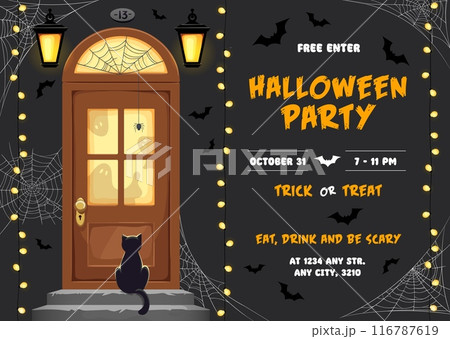 Halloween party flyer with holiday door and porch and black cat front of the doorway with ghost silhouettes, garlands and spooky bats. Vector invitation poster for celebration trick or treat night Halloween party flyer with holiday door and porch and black cat front of the doorway with ghost silhouettes, garlands and spooky bats. Vector invitation poster for celebration trick or treat night 116787619