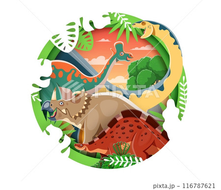 Prehistoric dinosaurs paper cut poster. 3d vector round frame with melanorosaurus, lambeosaurus, centrosaurus and wuerhosaurus dino species at lush sunset landscape with tropical plants and ferns 116787621