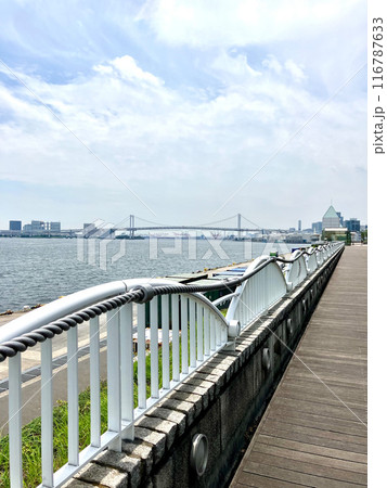東京湾_竹芝客船ターミナル_ボードウォークから眺める東京湾_お台場レインボーブリッジ方面 116787633