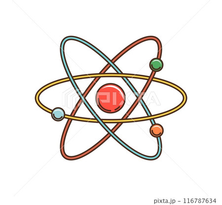 Groovy retro cartoon planetary atom model, vector 70s art sticker. Groovy atom with planets system of nuclear model in funky retro cartoon for badge or hippie and hipster t-shirt print 116787634