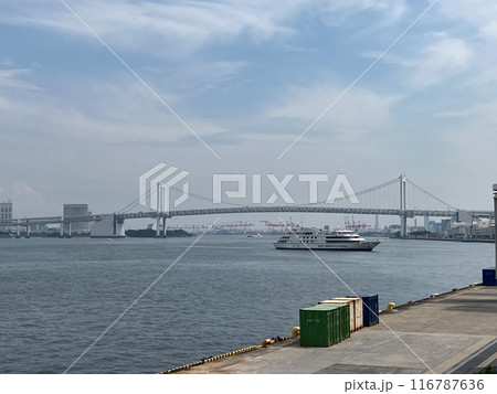 東京湾_竹芝客船ターミナル_ボードウォークから眺める東京湾_お台場レインボーブリッジ方面 東京湾_竹芝客船ターミナル_ボードウォークから眺める東京湾_お台場レインボーブリッジ方面 116787636