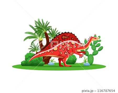 Cartoon dinosaur, prehistoric dino character, Ouranosaurus in jungle forest, vector Jurassic era. Prehistoric dinosaur character of Ouranosaurus dino with funny face for prehistory lizard and reptile 116787654
