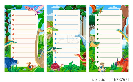 Daily planner with funny prehistoric dinosaurs and dino lizards in Jurassic forest, vector background. To-do list and day tasks planner organizer with cartoon prehistoric dinosaurs, reptiles and birds Daily planner with funny prehistoric dinosaurs and dino lizards in Jurassic forest, vector background. To-do list and day tasks planner organizer with cartoon prehistoric dinosaurs, reptiles and birds 116787671