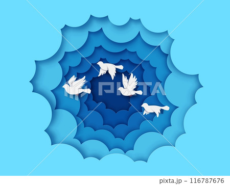 White pigeons or dove birds in paper cut clouds flying in sky, vector background. Doves in blue papercut sky heaven frame for freedom, love or faith, happiness and dream, Easter holiday or religion 116787676