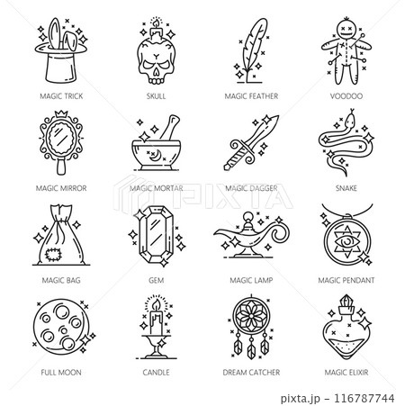 Witchcraft and magic icons. Mystery, esoteric, astrology symbols of vector outline witch and wizard magical skull, candle, elixir and pendant. Thin line magician hat, voodoo and alchemy crystal Witchcraft and magic icons. Mystery, esoteric, astrology symbols of vector outline witch and wizard magical skull, candle, elixir and pendant. Thin line magician hat, voodoo and alchemy crystal 116787744