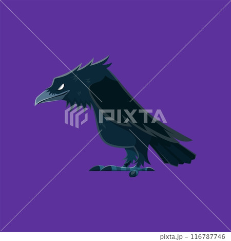 Cartoon Halloween raven character. Isolated vector black creepy crow bird with dark feathers, sharp claws and closed beak. Single blackcrow wild fauna, symbol of death, evil, witchcraft and shamanism Cartoon Halloween raven character. Isolated vector black creepy crow bird with dark feathers, sharp claws and closed beak. Single blackcrow wild fauna, symbol of death, evil, witchcraft and shamanism 116787746