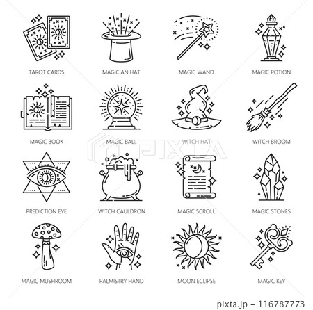 Witchcraft and magic icons. Esoteric, astrology, mystery vector symbols with thin line witch and magician hats, alchemy potion, tarot and wizard wand. Magic book, mushroom, crystal ball, hand and eye Witchcraft and magic icons. Esoteric, astrology, mystery vector symbols with thin line witch and magician hats, alchemy potion, tarot and wizard wand. Magic book, mushroom, crystal ball, hand and eye 116787773
