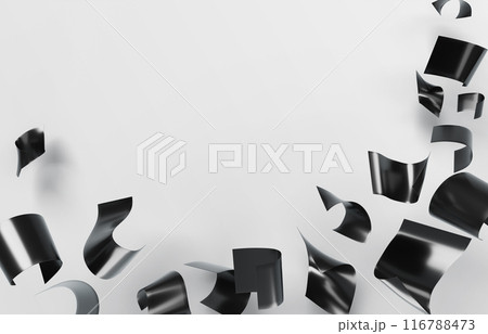 Black curled paper sheets flying with wind blow on gray background. Realistic 3d render of sketchbook pages floating in air, empty curved street poster falling down, scattered note. 3D illustration 116788473