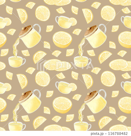 Watercolor lemon tea pours from teapot into a glass cup with citrus fruit slices seamless pattern on pastel beige. Organic drink background for brewery and cafe designs Watercolor lemon tea pours from teapot into a glass cup with citrus fruit slices seamless pattern on pastel beige. Organic drink background for brewery and cafe designs 116788482
