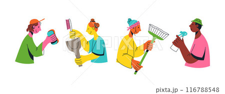 Set of multicultural team of young people. Flat vector illustration. Unity in diversity. People of different nationalities and religion cleaning together 116788548