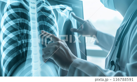 "男性医師が肺のレントゲン写真に指差している." 116788591