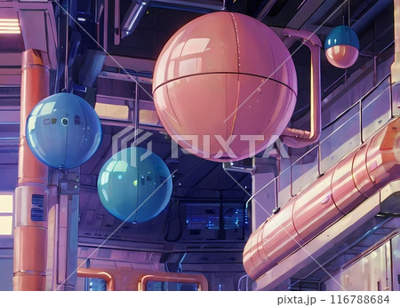 ゲーム背景　メルヘンな挿絵風イラスト星と満月工場	 116788684
