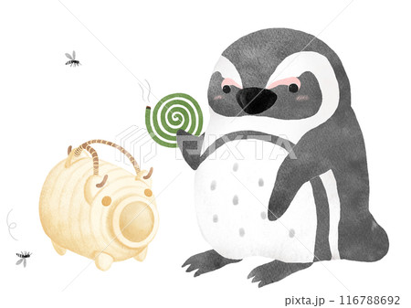 蚊遣り豚と蚊取り線香を持つペンギンの水彩イラスト 116788692