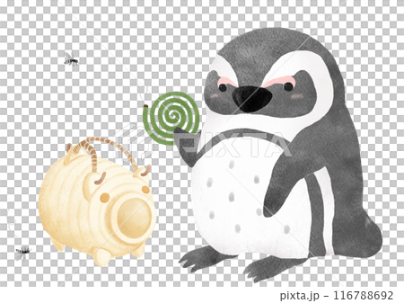 Watercolor illustration of a mosquito repellent pig and a penguin holding a mosquito coil 116788692