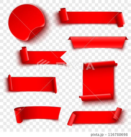 Red banners and ribbons on transparent background, ideal for labels. Vector 116788698
