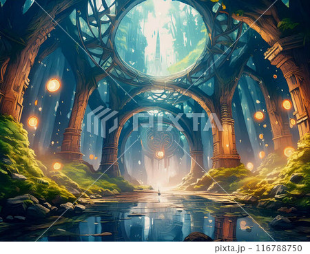 ゲーム背景 神殿ダンジョンの中の召喚魔法エフェクト異世界ワープゾーン	 ゲーム背景 神殿ダンジョンの中の召喚魔法エフェクト異世界ワープゾーン	 116788750