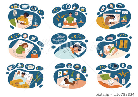 Sleep hygiene vector illustration set. Compositions collection with bedtime habits, tips, healthy routine. Flat cartoon people in cozy bedroom. Sleeping environment, organic bedding, evening rituals Sleep hygiene vector illustration set. Compositions collection with bedtime habits, tips, healthy routine. Flat cartoon people in cozy bedroom. Sleeping environment, organic bedding, evening rituals 116788834